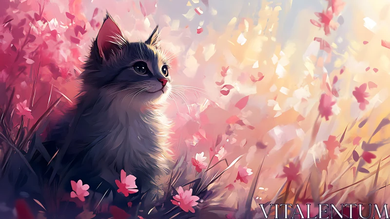 Dark cat amid blooming flowers and petals. Serene.