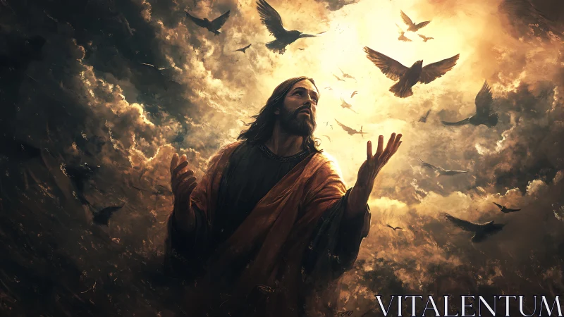 Messianic figure stands beneath radiant sky filled with birds
