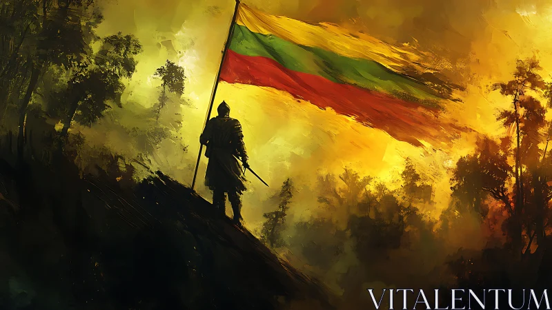 Armored sentinel crowns a blazing forest with tricolor resolve