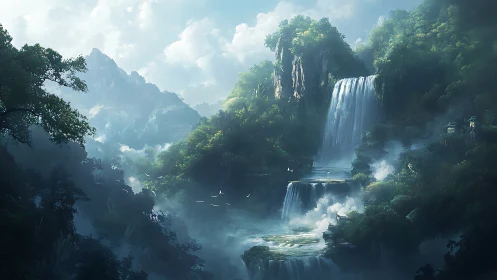 Ethereal Mountain Cascade: Layered Waterfalls Shrouded in Mist. Digital painting.