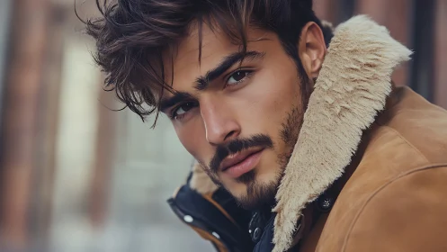 Wind-tousled gaze sharpens beneath a rugged winter collar