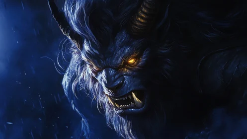 Midnight horned beast ignites the storm with molten gaze.