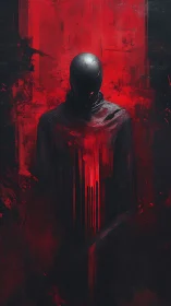 Faceless hooded figure in abstract red and black field.