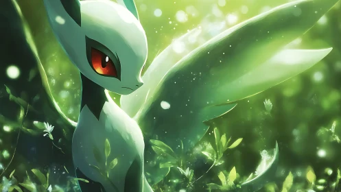 Forest spirit creature glows through luminous green mist.