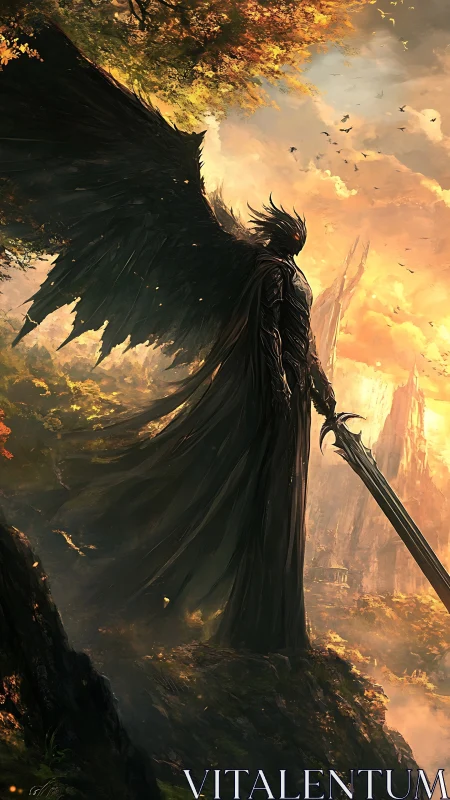 Armored dark angel with obsidian wings over autumn canyon