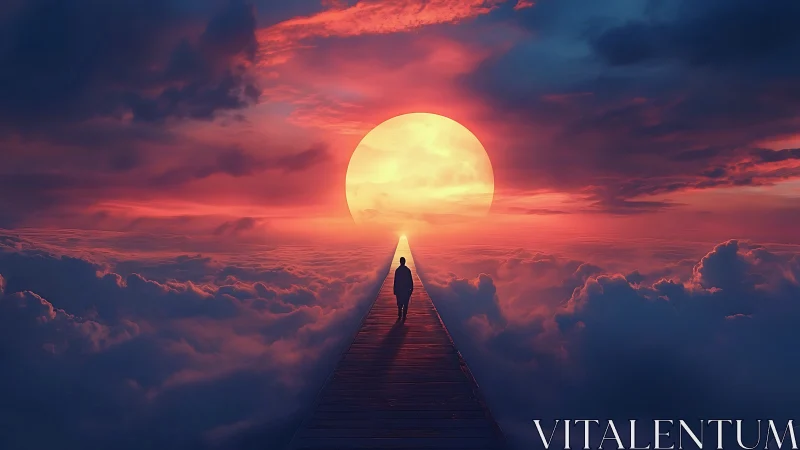 Solitary figure walking sky bridge into blazing sun.