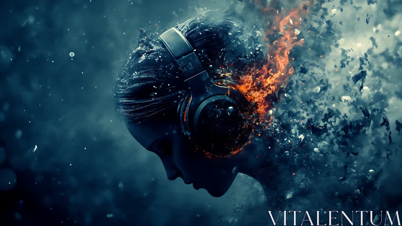 Headphone-clad profile dissolves into blazing sonic energy.
