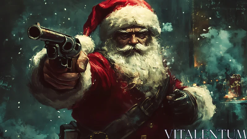 Armed Santa aims pistol amid swirling snow and city glow