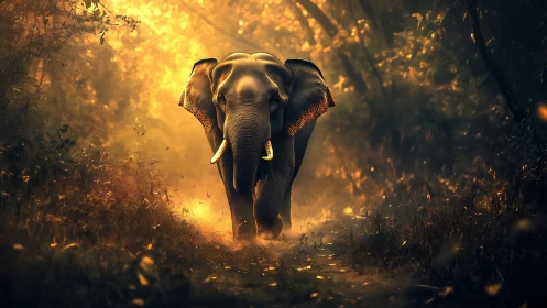 Elephant moves along forest path under diffuse golden light