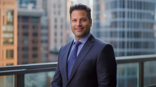Man in formal suit stands on balcony before city buildings