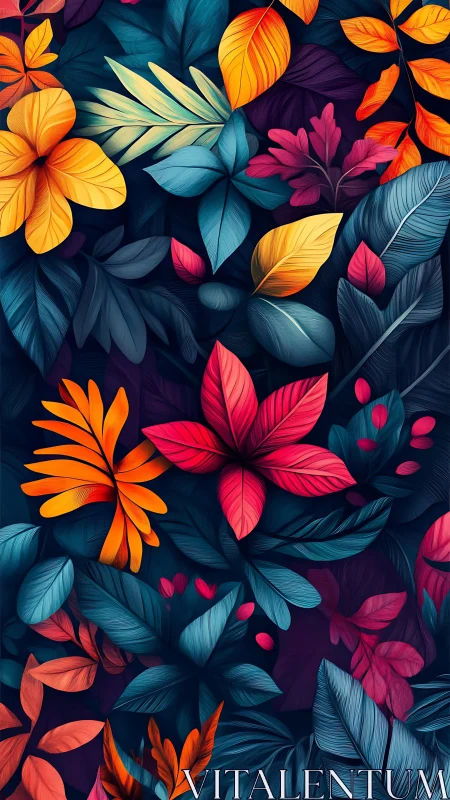 Luminous tropical foliage weaving neon reds and golds.