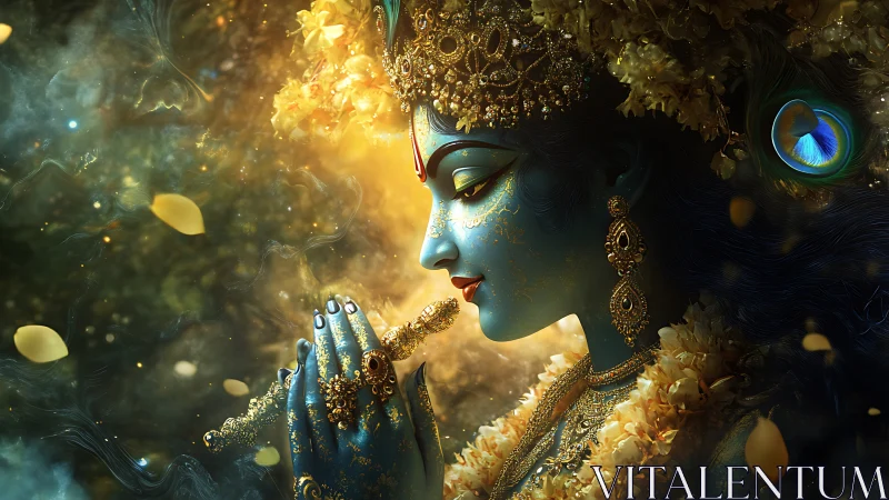 Divine blue deity portrait in luminous golden floral aura.