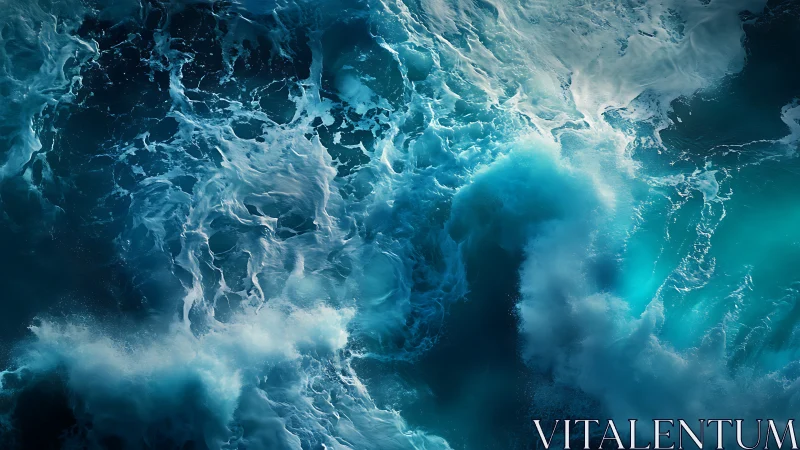 Aerial macro study of turbulent teal ocean waves in motion