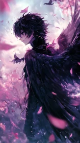 Midnight-winged guardian stands in a storm of pink petals