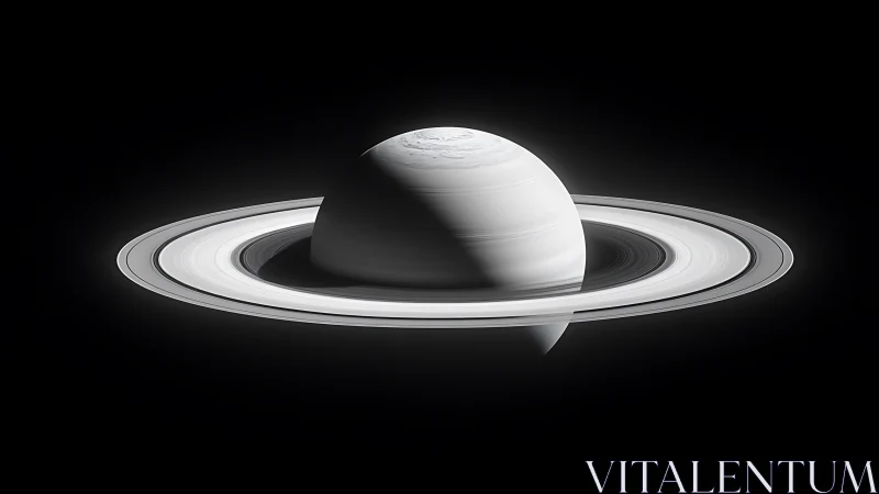 Saturn rendered in monochrome with sharply lit ring system