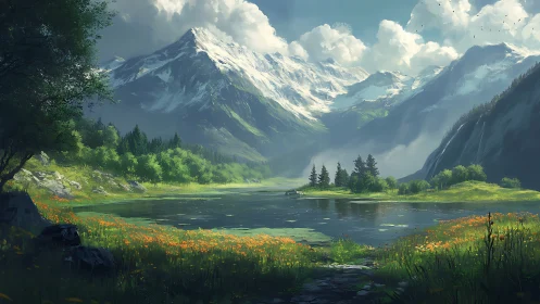 Sunlit alpine lake beneath towering snowcapped mountains.