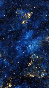 Deep blue starfield with irregular golden nebula regions.