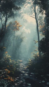 Ethereal Forest Path Glows With Golden Autumn Light
