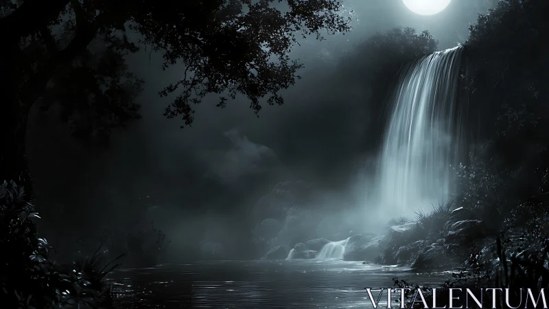 Moonlit waterfall hums softly through silver-dusted forest