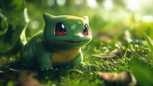 Bulbasaur rendered in sunlit forest clearing with cinematic bokeh