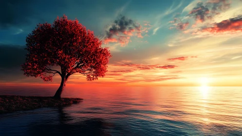 Solitary red tree on shoreline at vivid ocean sunset.