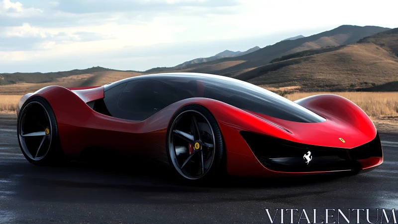 Red concept hypercar cuts desert road with sculpted glass canopy.