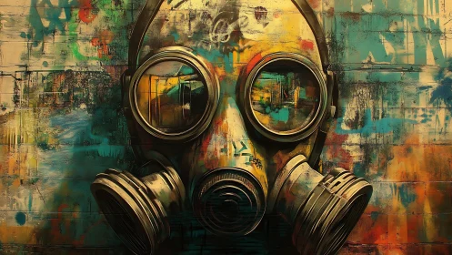Gas mask mural with multicolored abstract background.