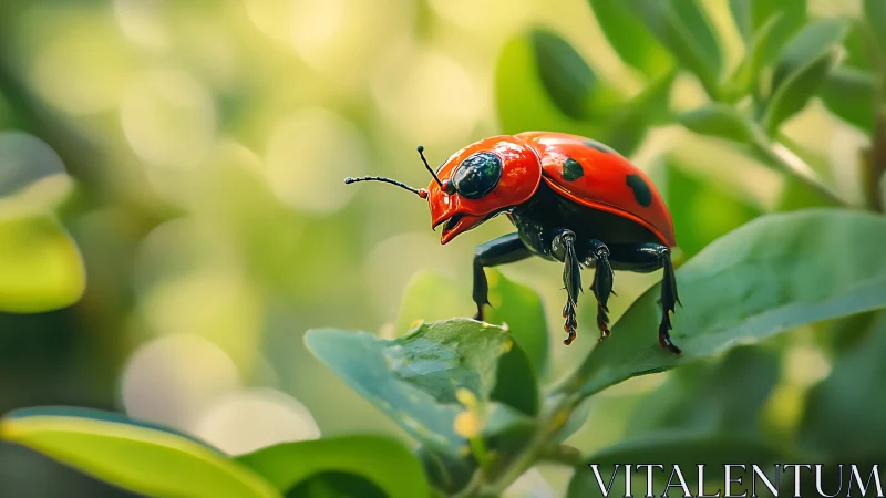 Macro study of glossy red ladybird on verdant foliage.