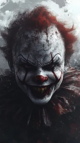 Sinister horror clown portrait under harsh dramatic light.