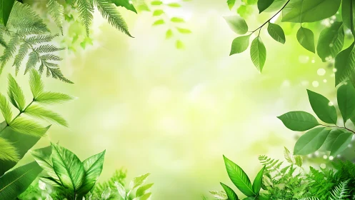 Green foliage frame with defocused light background.