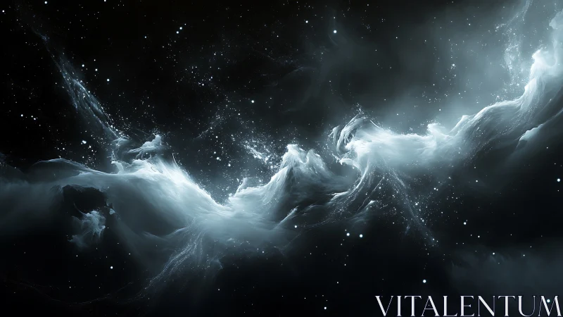 Diffuse luminous nebula structure in dark interstellar space.