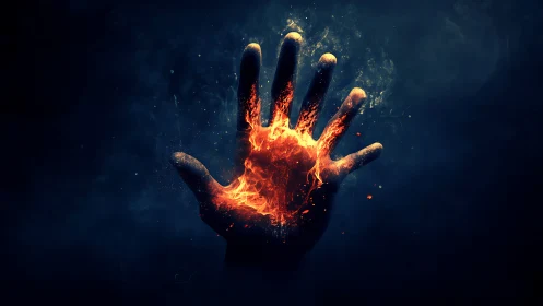 Burning hand erupts with fire against dark void.
