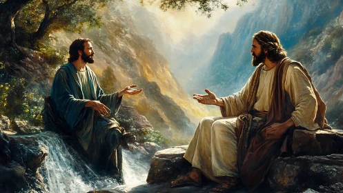 Disciples converse beside sunlit mountain waterfall stream.