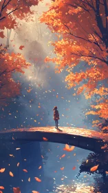 Solitary figure on arched bridge in dense autumn forest.