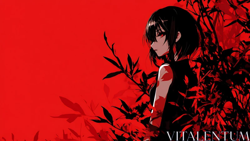 Quiet anime girl in striking red and black forest scene.