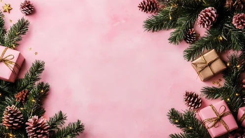 Pink Christmas border frames festive gifts and pinecones