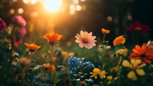 Sunlit wildflower garden is captured in shallow depth focus