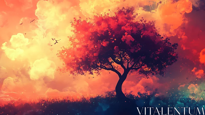 Solitary tree silhouettes against incandescent, painterly sky