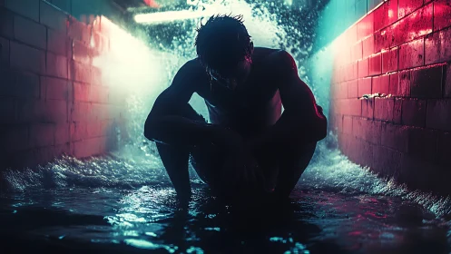 Backlit silhouette in flooded neon tunnel under cascading water.