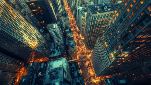 Vertiginous night city canyon with glowing traffic arteries.