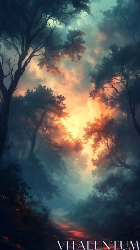 Mystical Forest Canopy at Golden Dawn with Atmospheric Light