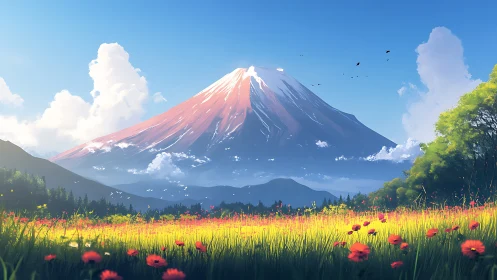 Sunlit mountain landscape with flower meadow in foreground.