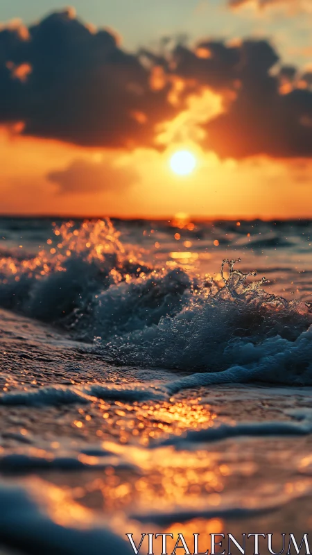 Golden sunset waves crash and shimmer along a quiet shore