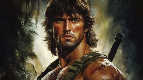 Battle-worn jungle warrior in dramatic digital portrait.