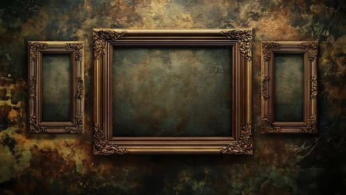 Ornate empty frames crown a moody, timeworn gallery wall.