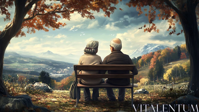 Elderly Couple Observing Panoramic Mountain Landscape with Autumn Foliage