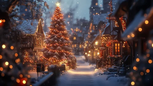 Snowy village lane with glowing Christmas tree centerpiece.