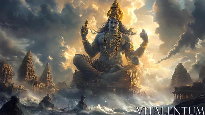 Storm-lit cosmic deity meditating above drowned temples.