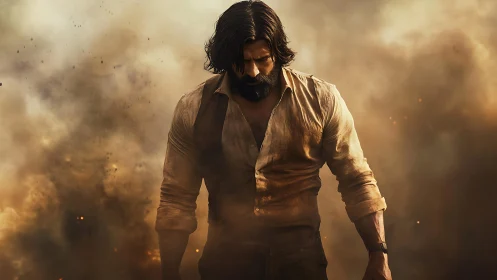 Smoke-wreathed warrior strides from embers like forged thunder