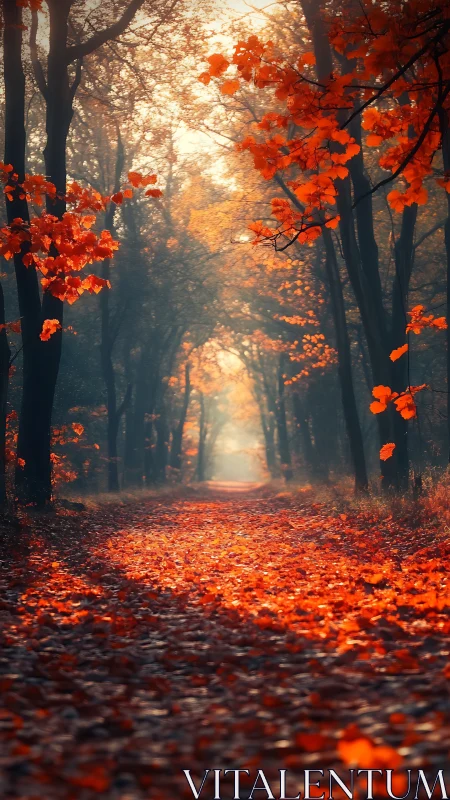 Autumn Forest Path Through Glowing Red Leaves.